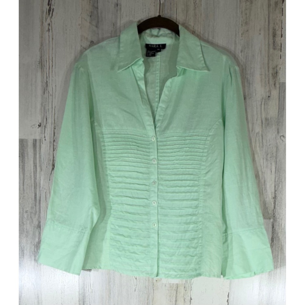 Sara L‎ Linen Button Front Shirt Medium Mint Green Pintuck Pleats Tailored Fit